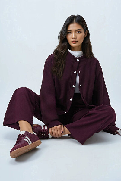 Trend Alaçatı Stili Women's Burgundy Soft Textured Double Pocket Bomber Jacket with Fleece Inside Alc-X14412