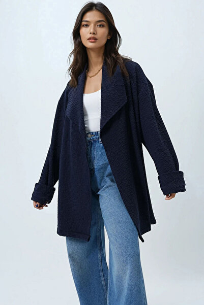 Trend Alaçatı Stili Women's Navy Blue Shawl Collar Long Jacket with Self Textured Belt Alc-X14481