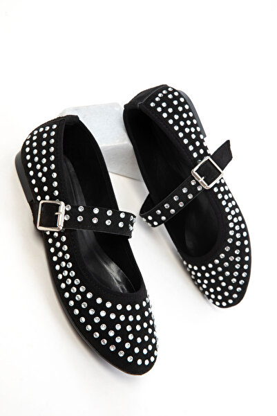 SOHO Black Suede-Silver Women's Ballerinas 20838