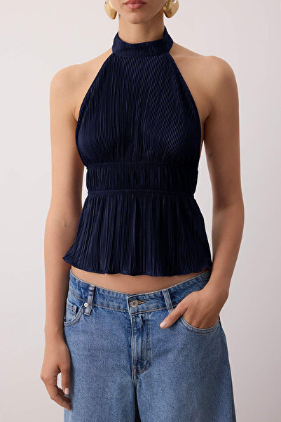 Trendyol Collection Navy Blue Half Lined Halter Neck Textured Party Blouse Tpraw26Bz00005