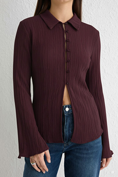 Trendyol Collection Plum Textured Fitted Waist Fitted Woven Shirt Twoss24Go00002