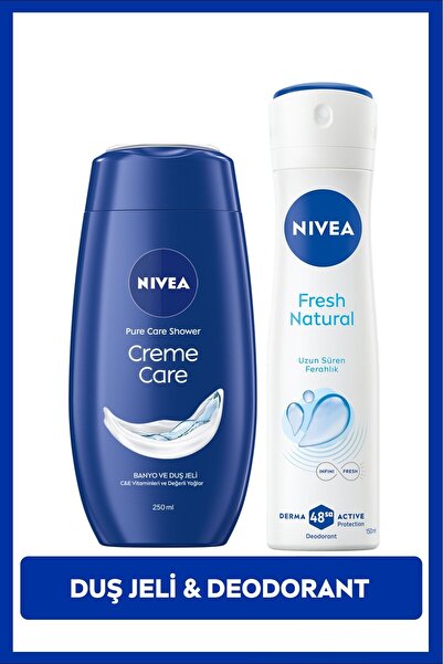 NIVEA Creme Care Nemlendirici Duş Jeli 250ml ve Kadın Sprey Deodorant Fresh Natural 150ml, 48 Saat Koruma