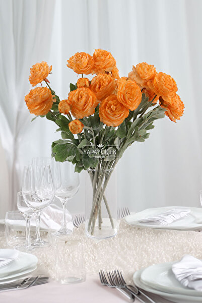 Yapay Çiçek Deposu Yapay Çiçek 3lü Şakayık Ranunculus Dalı 50 cm Turuncu