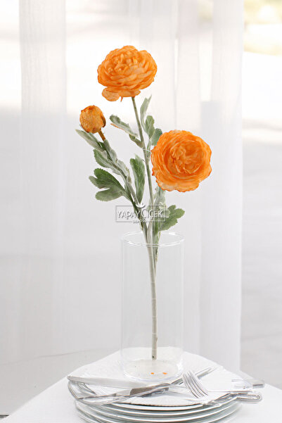 Yapay Çiçek Deposu Yapay Çiçek 3lü Şakayık Ranunculus Dalı 50 cm Turuncu