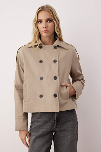 Trendyol Collection Beige Double-Breasted Oversize Short Trench Coat Twoaw26Tr00020