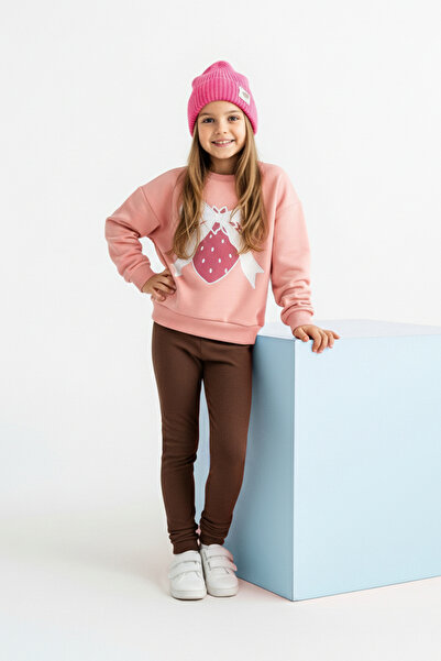 TRENDYOLKIDS Salmon Cotton Printed Crew Neck Oversize Girls' Knitted Bottom - Top Set Tkdaw26Au00050