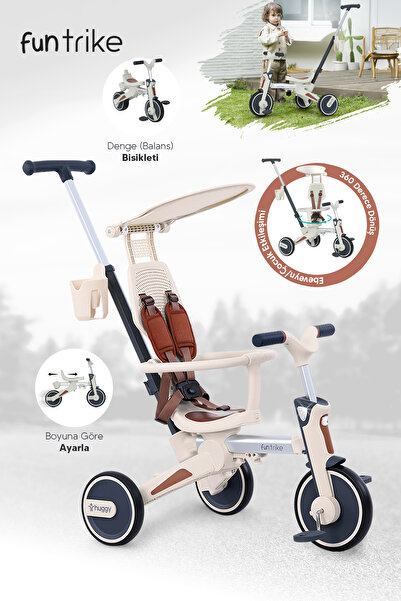 Huggy 6in1 FunTrike Bej 3 Tekerlekli Bebek Bisikleti |Ebeveyn Kontrollü, Katlanabilir ve Denge Modlu