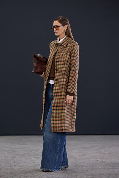 Trendyol Collection Trendyol Studio Beige Houndstooth Mono Closure Regular Long Cashmere Wool Coat Twoaw26Kb00065
