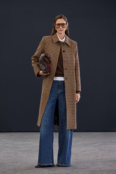 Trendyol Collection Trendyol Studio Beige Houndstooth Mono Closure Regular Long Cashmere Wool Coat Twoaw26Kb00065