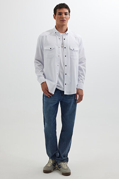 Tudors Erkek Regular Fit Rahat Kesim Çift Cepli Spor Yaka Denim Kırık Beyaz Gömlek