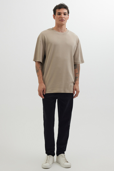 Tudors Μπλουζάκι Unisex Oversize Wide Cut 100% βαμβακερό μαλακό με υφή Basic Crew Neck Beige T-shirt