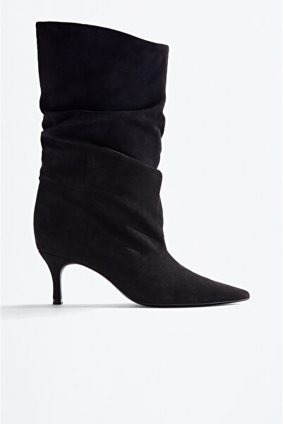 LEFTIES Damskie botki z marszczonym obcasem z imitacji zamszu