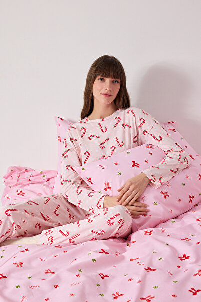 Trendyol Collection Růžová 100% bavlna pletené pyžamo s vánoční tématikou Thmaw21Pt0771