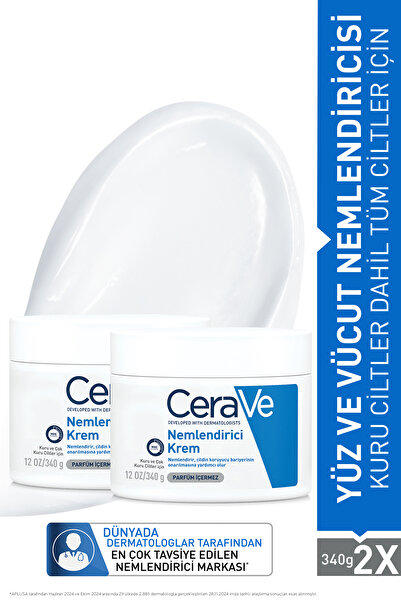 CeraVe Nemlendirici Yüz Ve Vücut Kremi-Kuru Ciltler İçin Seramid Ve Hyalüronik Asit İçerikli 340gr x 2 Adet