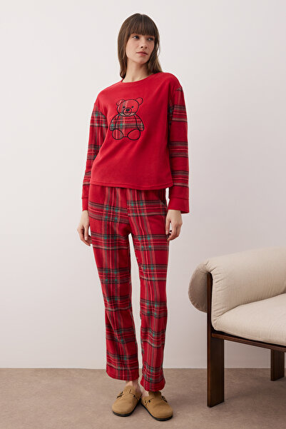 Trendyol Collection Red Plaid Fleece Knitted Pajama Set Thmaw26Pt00173