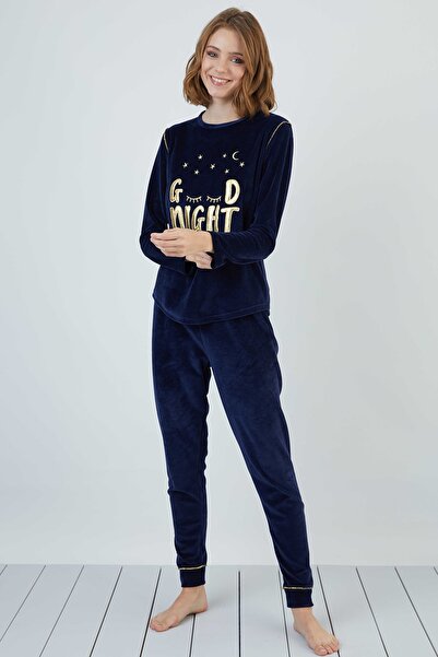 Sevim Lacivert 13268 Kadın Nakışlı Kadife Pijama Takım