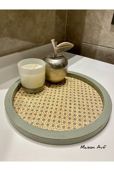 Maison Avf Linden Green Antique Rattan Hazeran - Round Tray M044 (100% Natural Hazeran)
