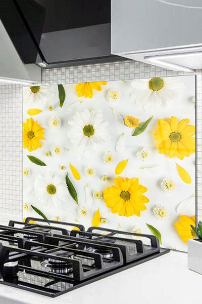 Olinpa 60X52 cm Glass Stove Back Protector Countertop Built-In Back Protector |   Yellow Flower