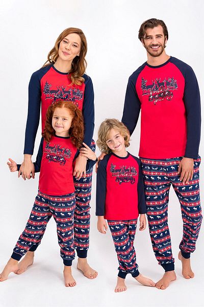 Arnetta Boy's Light Red-Navy Blue Deer Family Pajama Set
