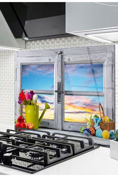Olinpa 60X52 cm Glass Stove Back Protector - Countertop and Tulips