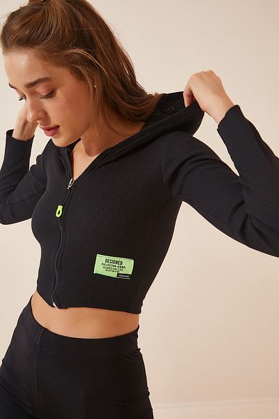 Happiness İstanbul Damska bluza w żywym kolorze czarnym, zapinana na zamek, z kapturem YK00011