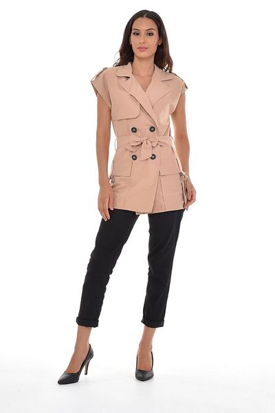 DISENTIS MODEST Mono Collar Windbreaker, Flap Pocket, Epaulettes, Self Belted Double Breasted Beige Vest