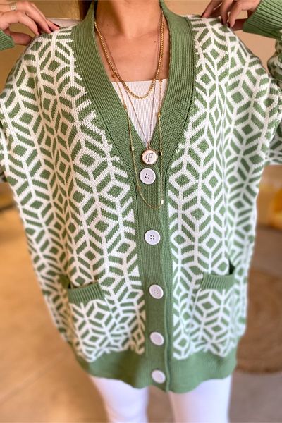 FEMELLE Cardigan lung supradimensionat cu buzunar dublu cu model geometric verde pentru femei