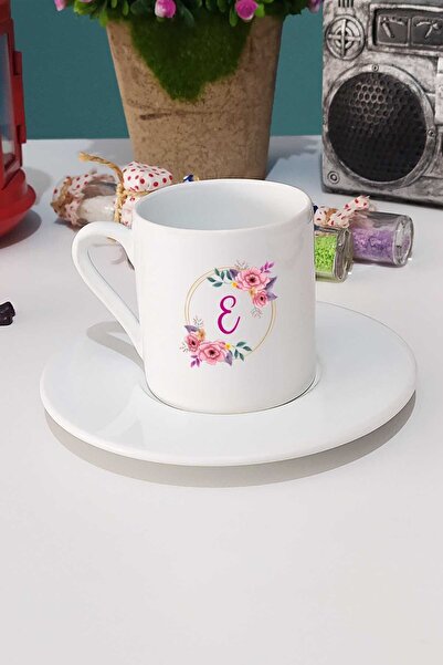 Hedizu كوب قهوة تركي بحرف E مزين بالزهور باللون الأبيض