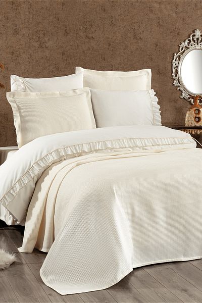 Luvana Home 3 Piece Cotton Duffle Pique Bedspread and Decorative Pillowcase Set Cream