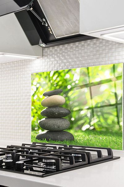 Olinpa 76X49,5 cm Glass Stove Back Protector Countertop Built-In Back Protector |   Black Stones