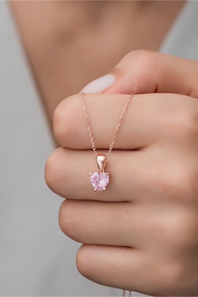 Nereze 925 Ayar Gümüş Pembe Taşlı Kalp Kolye