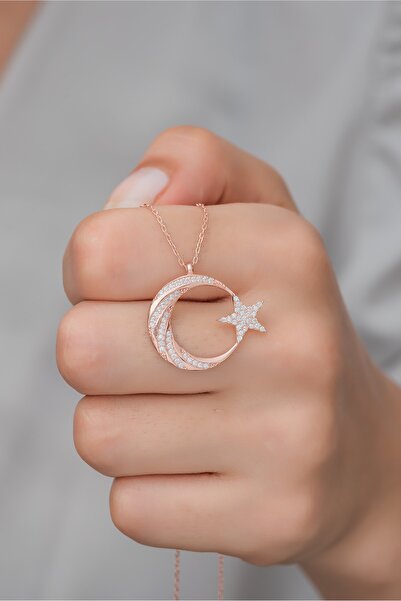 Nereze 925 Ayar Gümüş Rose Zirkon Taşlı Ayyıldız Kolye