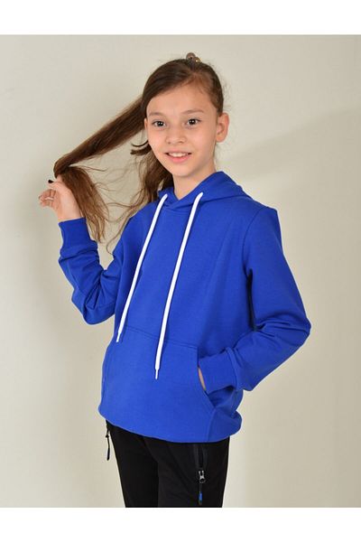 KİDSPİTİRCİK Unisex Kids Saks Blue Hooded 2 Thread Combed Cotton Sweatshirt 4-seasons