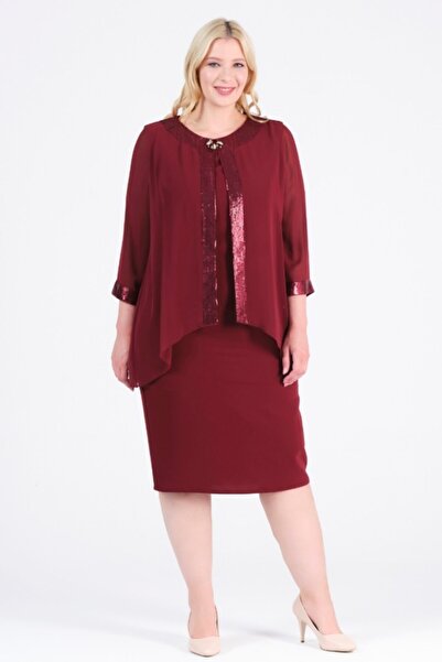 Oktay Şifon Payet Ceketli Içi Krep Bordo Renk Büyük Beden Abiye Elbise