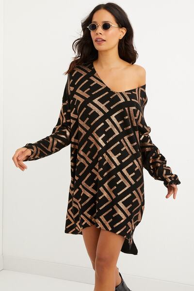 Cool & Sexy Kadın Siyah-Gold Varaklı Triko Tunik Elbise TD122