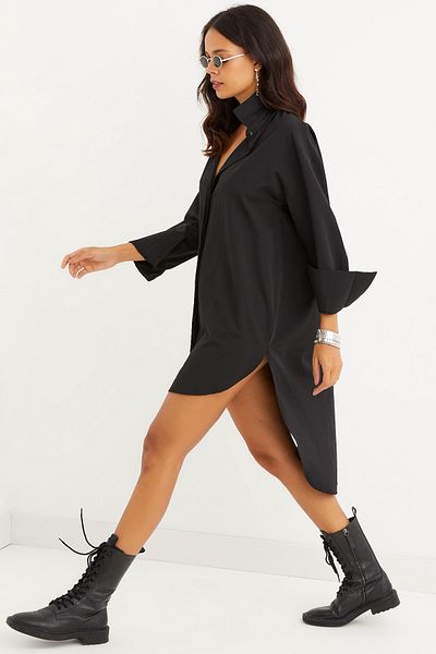 Cool & Sexy Schwarzes Tunika-Hemdkleid mit versteckten Knöpfen für Damen SF1292