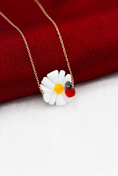 Silver And Silver Kadın Gümüş Rose Papatya Uğur Böcekli Figür Kolye