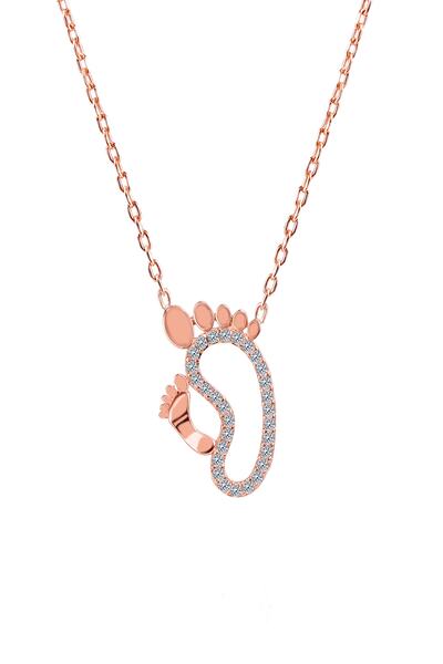 Silver And Silver Kadın 925 Ayar Gümüş Rose Anne Çocuk Ayak İzi Kolye SVSRAYK...