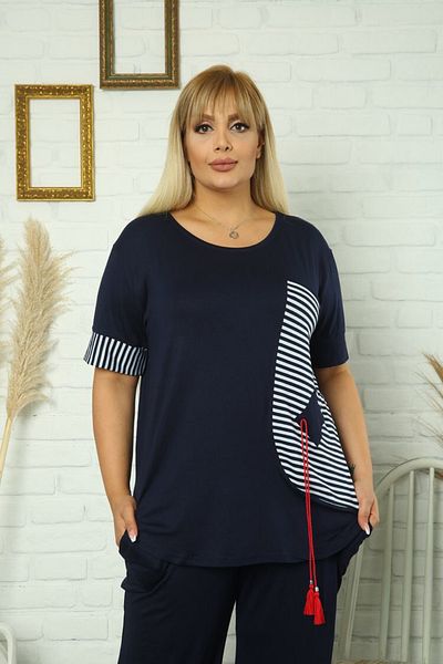 BİrHoşButik Large Size Full Lycra Imported Viscose Fabric Red Tassel Sweat Resistant Navy Blue Sailor Suit