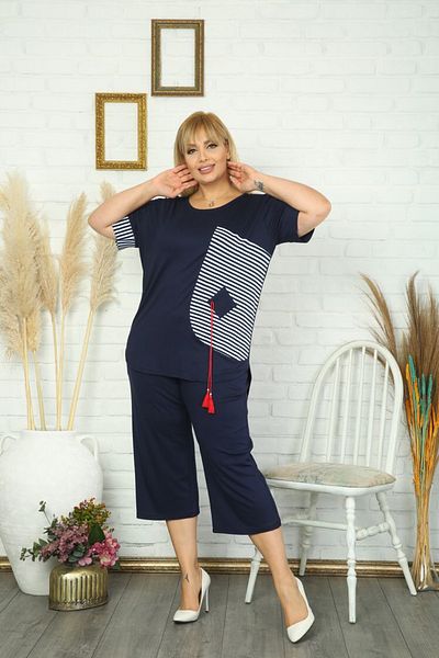 BİrHoşButik Large Size Full Lycra Imported Viscose Fabric Red Tassel Sweat Resistant Navy Blue Sailor Suit