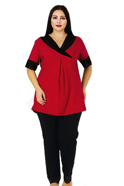 quilling Red - Black Color Large Size Pajamas Set - Lady 403 Short Sleeve Oversize Pajamas Set