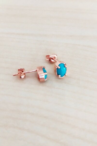 Trend Silver Gümüş Minimal Rose Turkuaz Taşlı Oval Küpe