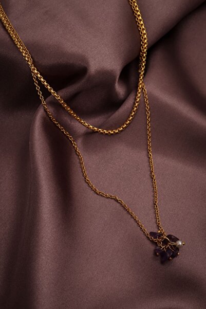 Genel Markalar Mor Doğal Taş Sallantılı Ikili Zincir Kolye