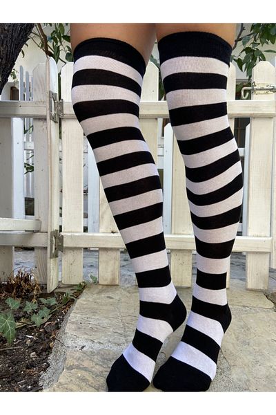lovebox Women's Black and White Striped Cotton Knee Socks