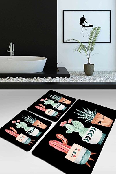Resmiro Happy Cactus Djt Siyah 3'lü Set Banyo Halısı Takımı Klozet Paspası