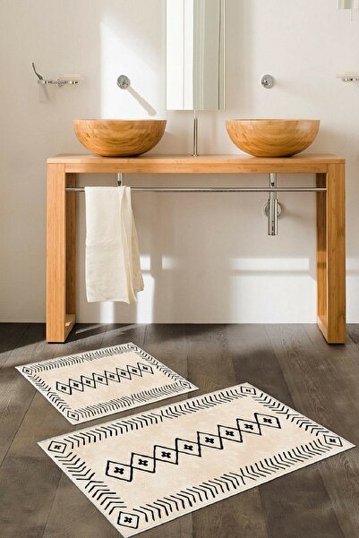 Resmiro Kaymaz Taban Yıkanabilir 2'li 60x100 cm 50x60 cm Banyo Halısı Paspas ...