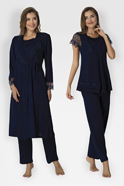 effort طقم بيجامة للحوامل مكون من 3 قطع وثوب صباحي باللون الأزرق الداكن