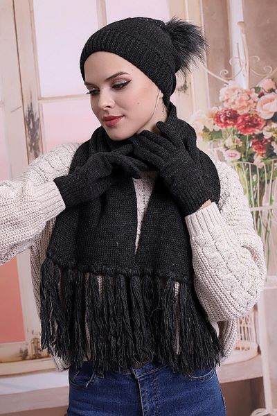 Deafox Set de mănuși beanie eșarfă cu model de piatră de antracit