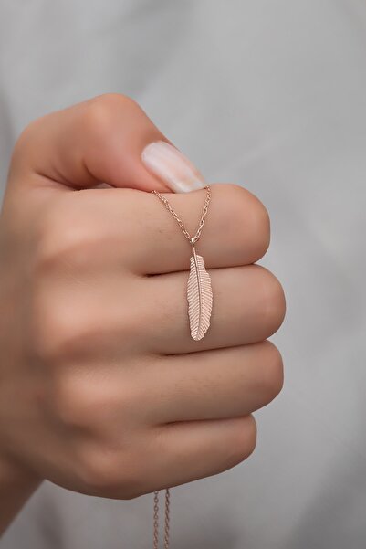 Nereze 925 Ayar Gümüş Rose Kuş Tüyü Kolye