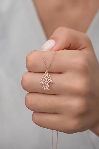 Nereze 925 Ayar Gümüş Rose Fatma Ana Eli Kolye